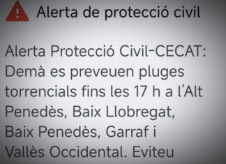Protecció Civil activa l’alerta per pluges torrencials a cinc comarques de cara a demà dimecres, entre elles el Vallès Occidental